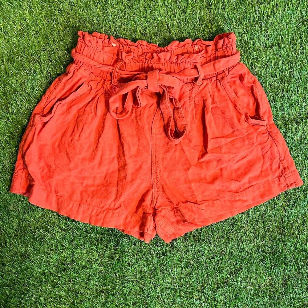 American Eagle Orange/Red Linen Shorts with Tie Waist & Pockets - Size XS